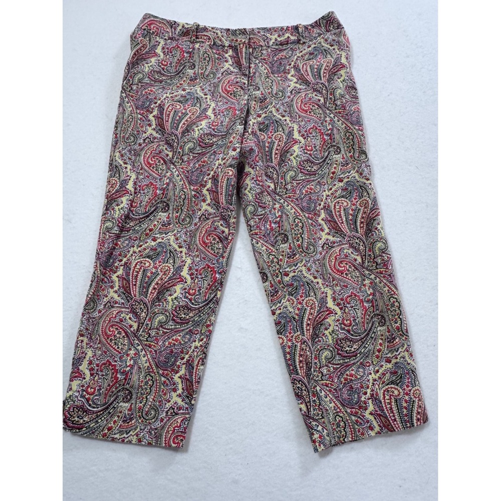 Talbots Signature Red Yellow Paisley Cropped Capri Pants Petite 8P Side Slits